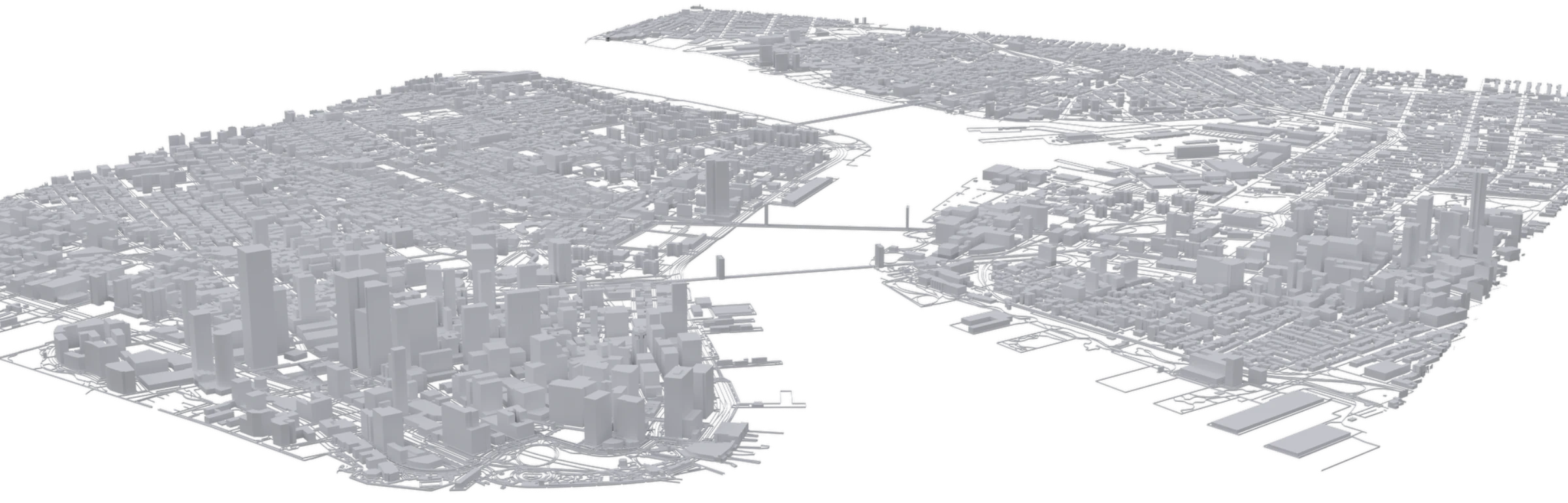 Three-dimensional massing model of Lower Manhattan and Downtown Brooklyn — Guildmark's downtown New York staging territory.